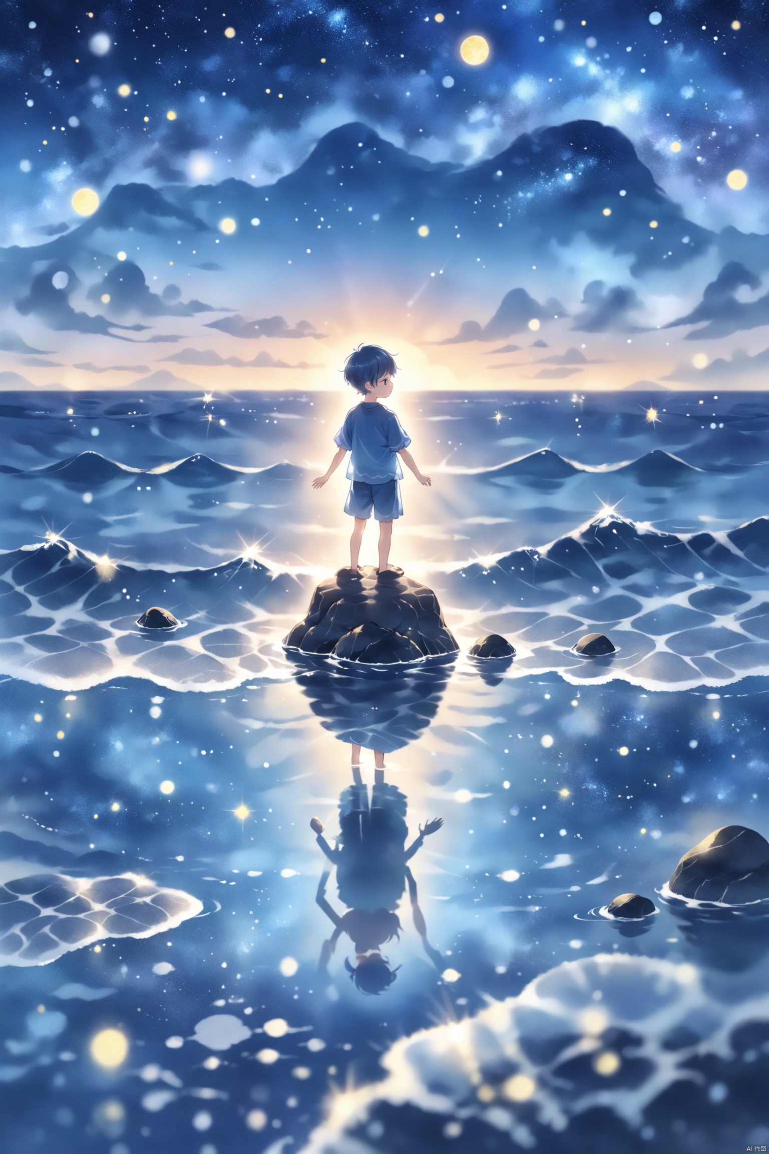 Photography Award Winning Entry,There is a rock in the middle of the sea,a boy stands on the rock in the middle of the sea and reaches out to pick the stars in the sky. ocean reflection,dawn blue,blue waves,happiness,dream fairy tale,fantasy,bright background,reflection,colourful,starry sky,8K,