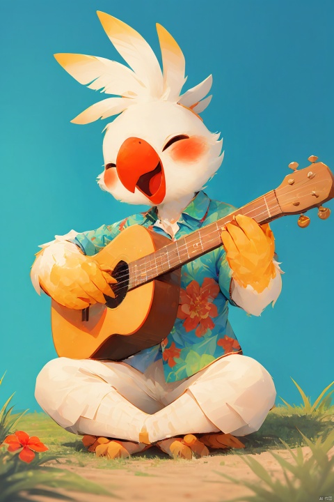  Cockatiel\(IP\), masterpiece, best quality, 
solo, smile, open mouth, shirt, holding, sitting, full body, closed eyes, flower, short sleeves, heart, no humans, ^ ^, bird, floral print, happy,red flower, instrument,music, guitar, playing instrument, aqua background, hawaiian shirt, acoustic guitar