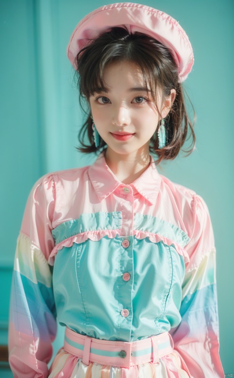  80sDBA style, lolita, (cover style: 1.3),Best quality, masterpiece, high-resolution, 4K, 1 girl, smile, (Green and Cyan and Pink | Silk shirt, Gradient:1.2), lace
