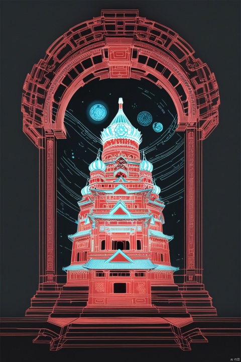 a wireframe hologram of red square in moscow russia with glowing blue lines forming intricate patterns around its iconic structure against an isolated dark background. the design showcases detailed architectural details and features, creating a visually stunning representation of ancient chinese architecture. this digital artwork is perfect for creative projects that need to convey both historical significance and futuristic technology, in the style of 8k