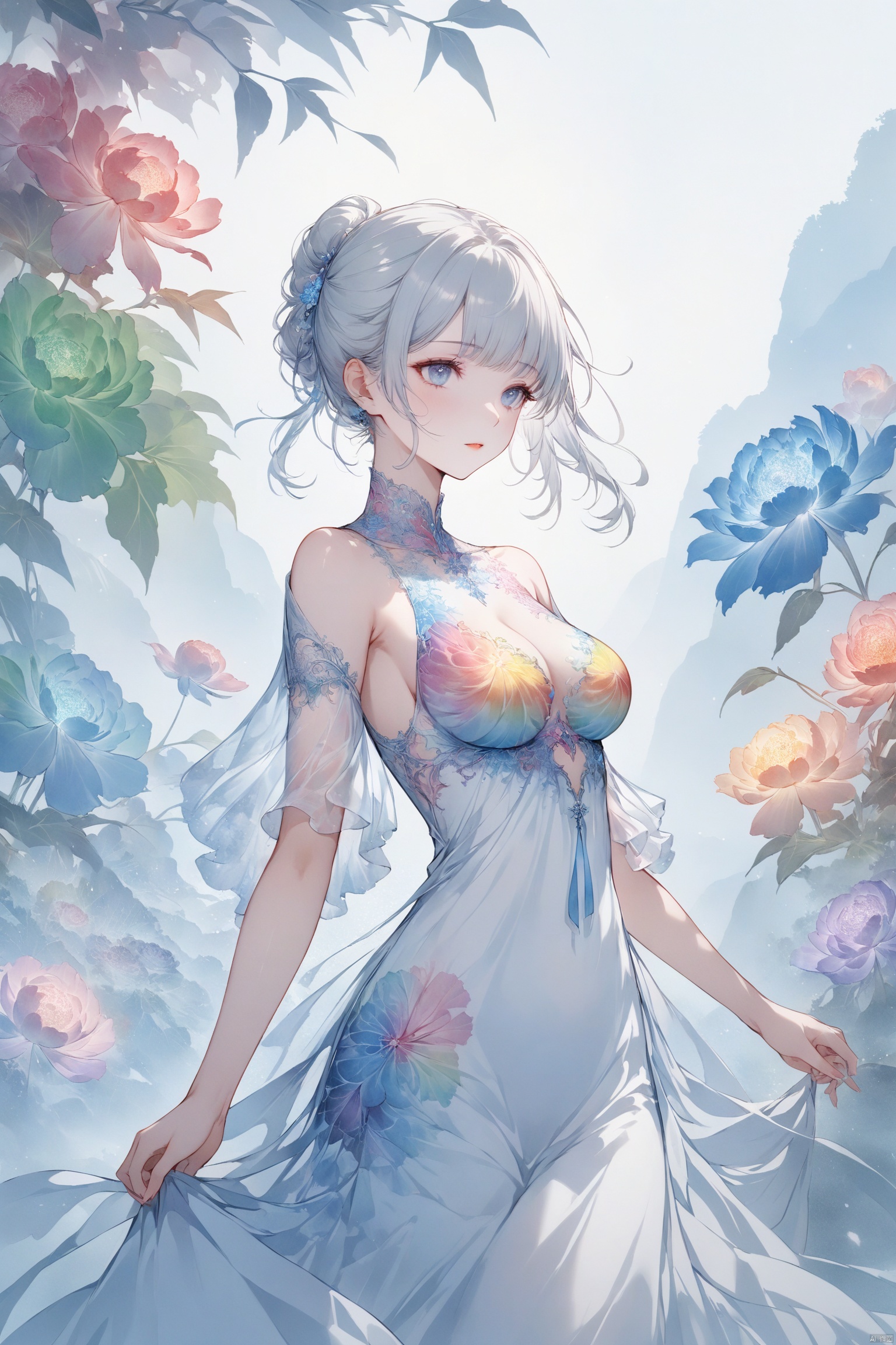 tie dyeing,Official art, 8k wallpaper, super detailed, beautiful and beautiful, masterpiece, best quality, (fractal art: 1.3), lines, illustration, 1 girl head, white background, very detailed, bright colors, romanticism, mtianmei,breasts, lucency dress, transparency
