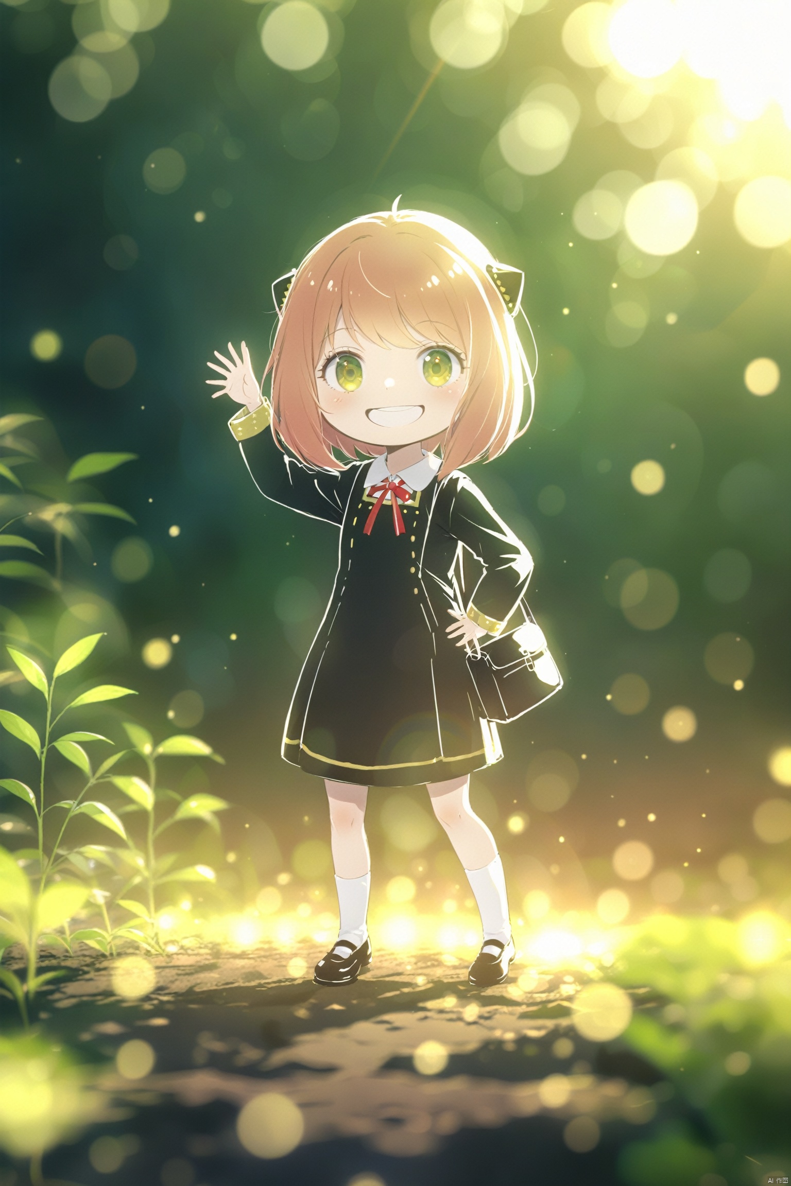  anya \(spy x family\), Colored light spots, neon lights, solo, smile, bangs, dress, ribbon, school uniform, full body, shoes, socks, bag, arm up, hand on hip, neck ribbon, child, female child, hairpods, eden academy school uniform, Anya Forger