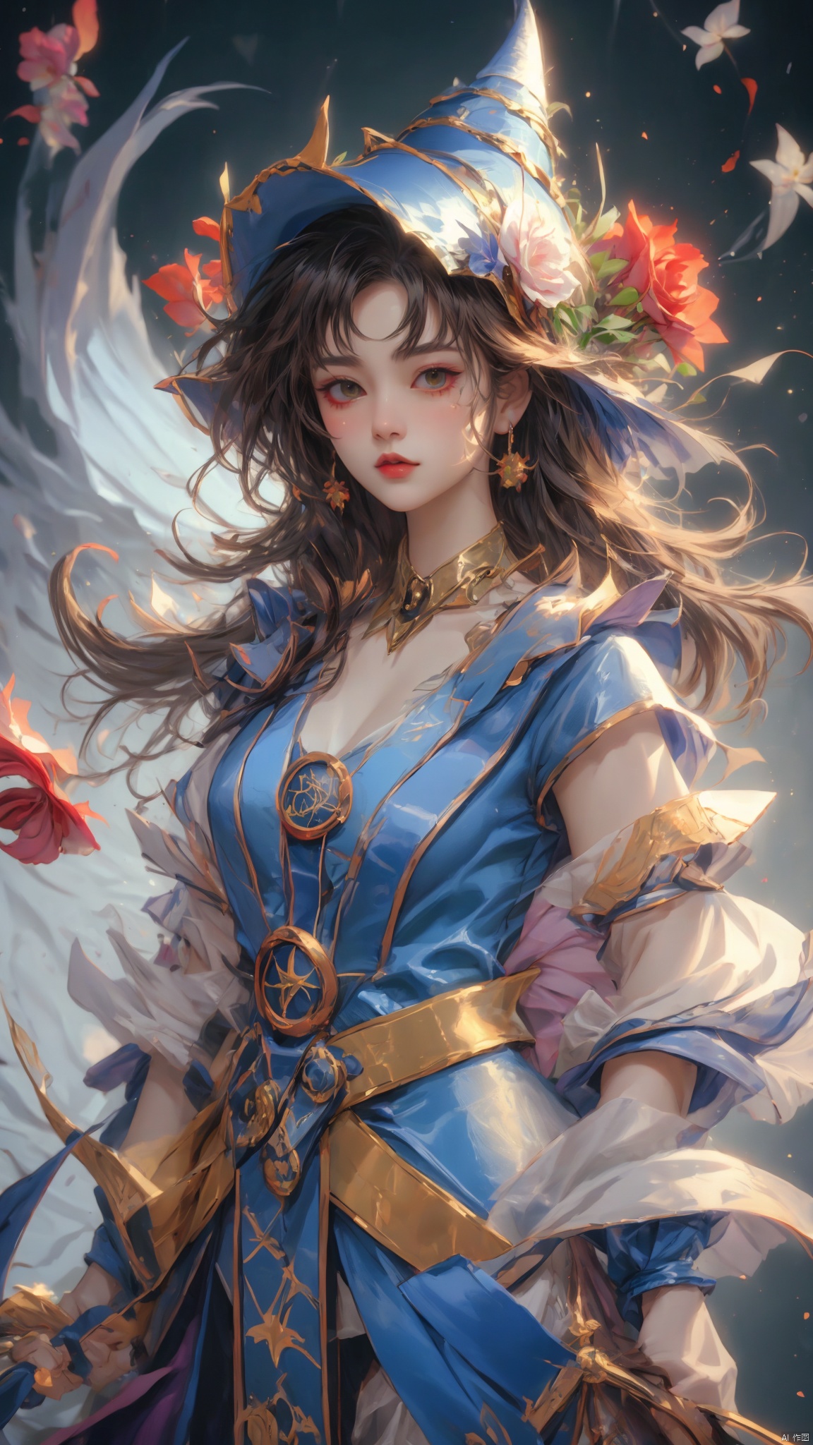 masterpiece,best quality, highly detailed, portrait,close-up,upper body,dark magician girl,1girl,solo,duel monster,wizard hat , 1 girl, 80sDBA style, flowers, rosemon, 