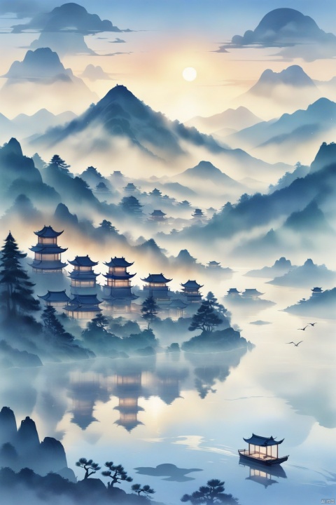 (ultra detailed, High quality ,best quality, High precision, Fine luster, UHD, 16k), (official art, masterpiece, illustration), A landscape painting with a lake, pine trees and a sunset, thick fog, with clear new pop illustrations, (large area of white space, one-third composition: 1.3), minimalist world, beige gray, Chinese Jiangnan scenery, digital printing, lake and mountain scenery, sunset and solitary crane flying together, guofeng, 