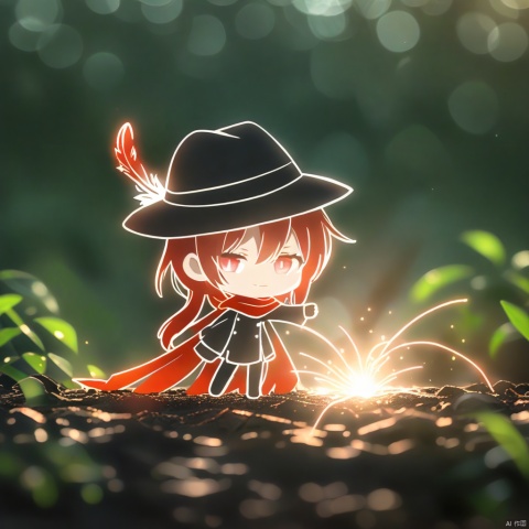 chibi,white glowing lines, dense translucent lines,1girl, solo,red hair, black hat, hat feather, red scarf, black jacket,line-art,chibi, hat