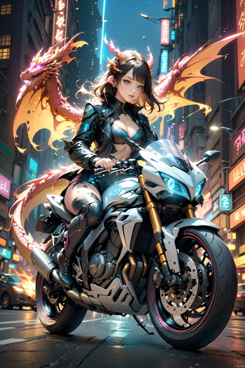  China-Chic style, Cyberpunk style, girl riding motorcycle and handsome dragon body, super cool. The background is a bustling urban night scene, with motorcycles running on the highway.The girl is wearing a black leather jacket and a black helmet, with the dragon body flashing blue neon lights and the tail emitting flames. Full of dynamism, vivid colors, and a futuristic feel., 1girl