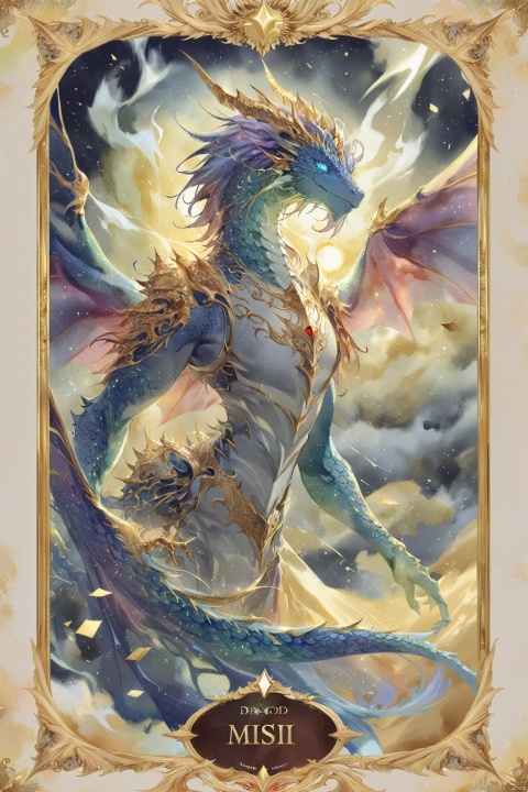 dragon, magic the gathering dragon card, in a gold frame with a light gold field under the image of a dragon, with a detailed description of the rules of the card, watercolor, MSI\(Monon\)