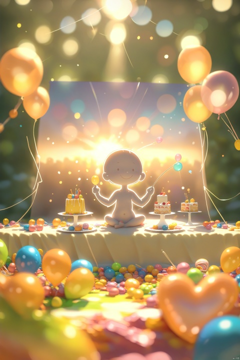  A cute photo of a baby sitting on colorful candy,surrounded by birthday decorations such as balloons,cakes and candy,the scene should be full of bright colors and interesting elements to attract the attention and excitement of children's photography,
(masterpiece:1.2),best quality,masterpiece,highres,original,extremelydetailed wallpaper,perfectlighting.(extremely detailed CG:1.2)drawing,paintbrush,