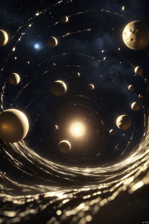 3D render of golden planets orbiting around each other and floating in space against a black background, surrounded by swirling gold dust and stars. The rendering was done in the style of octane rendering with unreal engine and blender to create an unreal landscape with a dark atmosphere, volumetric lighting, depth of field, and bokeh effect to make it appear hyper realistic and cinematic