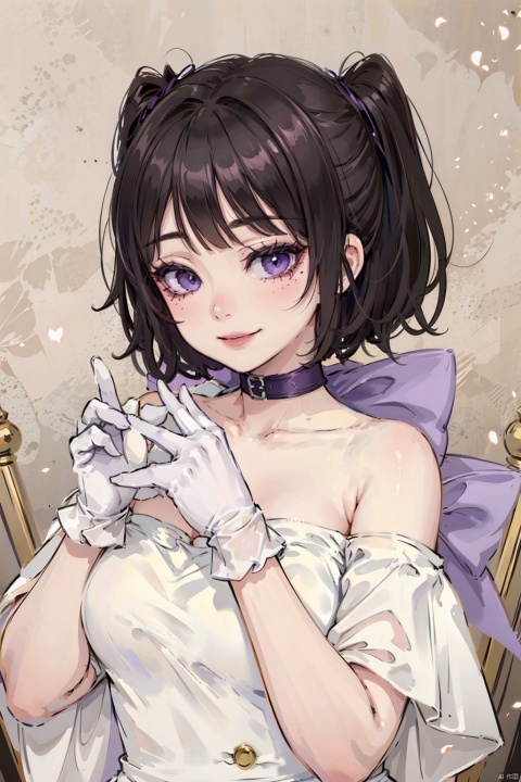  ((Masterpiece)), ((Best Quality)),Toodles Galore, purple collar, 1girl,off-shoulder dress,  white gloves, smile,