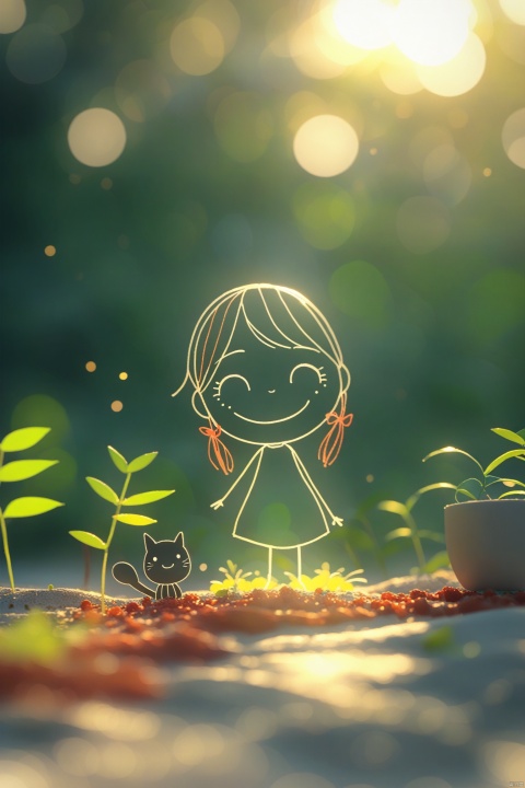  Cute little girl wearing a red bow, 1 black cat, Hayao Miyazaki style, handmade, 3D art, soft lighting, bright colors, blurred background, 3D rendering, cute style, decorative painting, flat painting, Sailulu