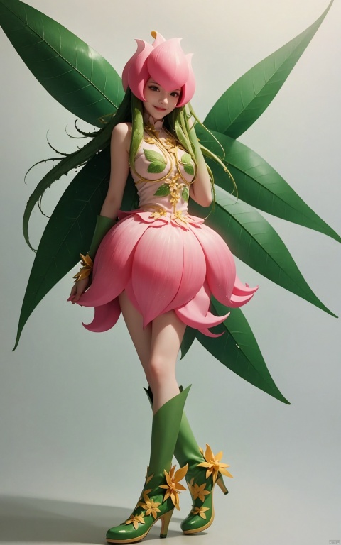  masterpiece,best quality, highly detailed, lilimon,1girl, solo, green wings, digimon (creature), gloves, smile, green footwear, traditional media, boots, flower, monster girl, plant, leaf, dress, simple background, full body,yuzu, gradient, 1 girl