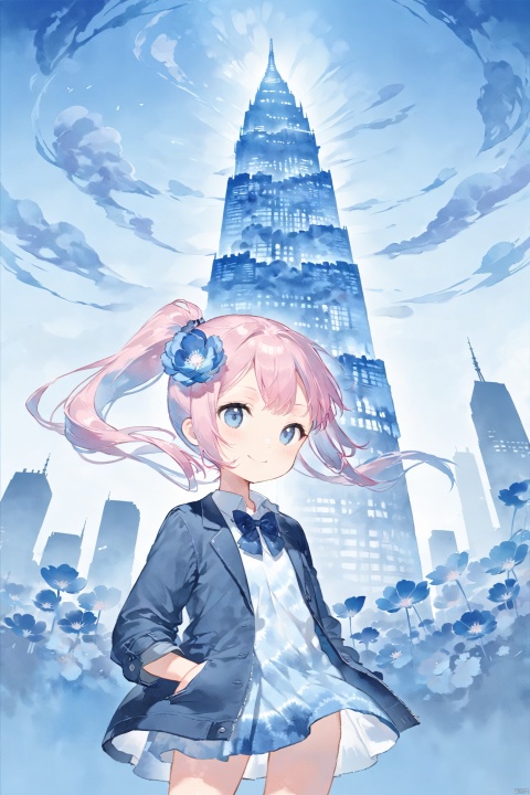 pink hair,  blue theme,Tie dyeing,tie dyeing style,loli,petite,long hair, Jacket,high ponytail,collared shirt,hair flower,fipped hair,floating hair,Frown,hands in pockets,dress,bowtie,(solo),sky, skyline, skyscraper, smile, solo, tower,flower