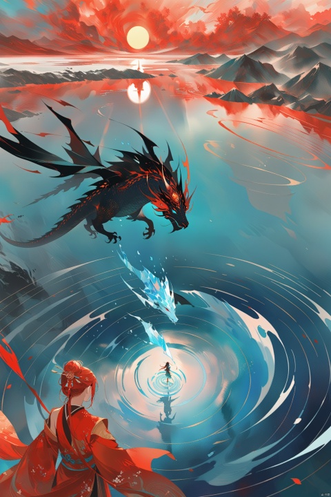  animation of an black red giant Chinese dragon swimming on the lake surface, the dragon huge and very long, a girl on the lake,Dragonheaddecoration, A circle of ripples formed on the water surface, the girl holding a sword, Drone perspective, blue-ice lake water, Chinese Martial Arts World, Chinese mythological scenes, Bright colors, Sunlight, Transparent lake water, megalophobia, by Tsui Hark, Chinese movie Big Fish and Begonia, watercolor, ananmo,Detailed complex chaotic seascape red burning light mysterious silhouette of ice dragon,UV-reactive, red light art concept by Waterhouse, Carne Griffiths, Minjae Lee, Ana Paula Hoppe, Stylized florescent art, Intricate, Complex contrast, HDR,OverallDetail, mineral color painting, msi