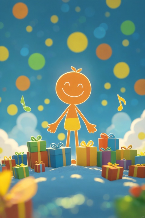 The number "61" is made of fluffy felt fabric, with an orange color and yellow edges on the letter's body. The background features blue sky, white clouds, musical notes, smiley faces, presents, all in Pixar style. A character wearing colorful stands next to it, holding hands or making other gestures. There should be no text written inside the icon.,,,in game art style, simple shapes, flat design, 2D animation, Pixar animation, cute cartoon characters, 3d renderings, simple backgrounds, game icons, high resolution