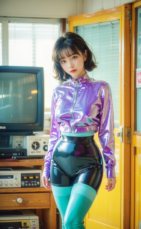  80sDBA style, Tight latex clothing, (Masterpiece, Best Picture Quality, High Definition Photo, 8k),Girl,Short Hair,(purple and Cyan and green | Silk Stockings, Gradient:1.2),Warm Tone,Studio,Supplementary Light, indoor, tv