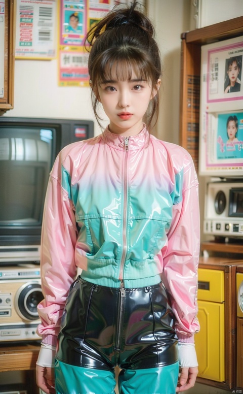  80sDBA style, Tight latex clothing, 1girl, (Green and Cyan and Pink | tight latex clothing), Gradient:1.2), ponytail, indoor, high-quality, masterpiece, tv, open clothes, sex, wangzuxian