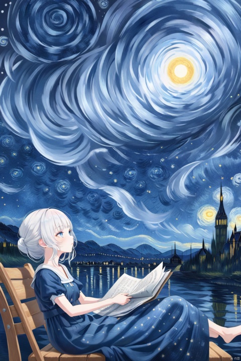 illustration, ((close)),from side,a kawaii girl with long white hair, featuring bangs and captivating blue eyes,sitting,looking at the sky, a path to dreams,(cartoon:1.2),BREAK,beauty,\ (Van Gogh's starry night\:1.2), dreams, health, art, illustrations,Create a dreamlike starry background, warm and beautiful, abstract and realistic, an extremely delicate and beautiful,extremely detailed,8k wallpaper,Amazing,finely detail,best quality,official art,extremely detailed, CG, unity, 8k, wallpaper , Children's Illustration Style, Scribble,