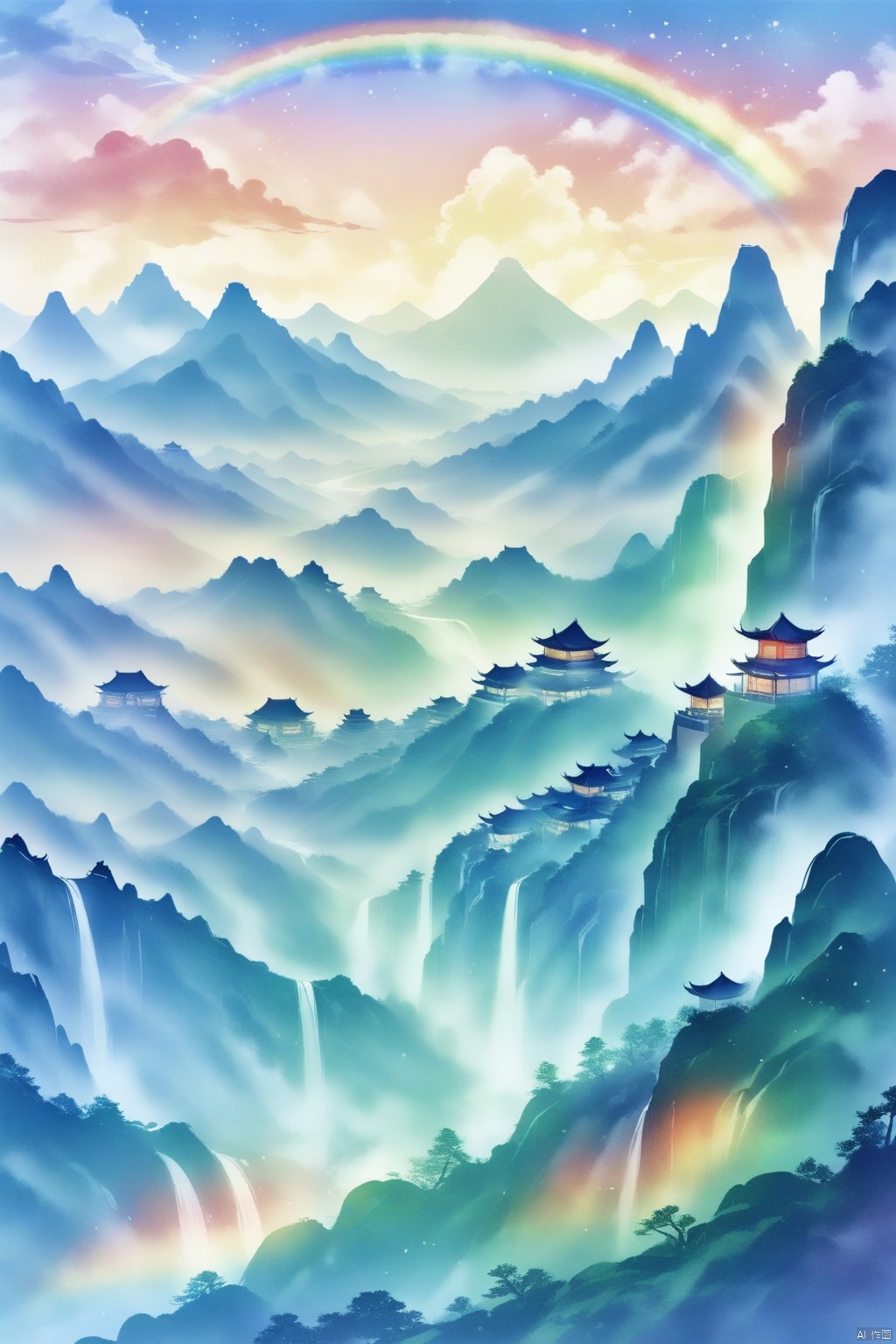 Chinese traditional painting style, the sky is full of fantastic colorful clouds, there are many high mountains below, there are ancient Chinese buildings on the top of the peaks and between the peaks, a waterfall flows down from the top of the peaks, there is a river below the peaks, next to the peaks there are trees of various colors, a rainbow, a small number of stars, full of dreamy and fantastical vibrant atmosphere, panorama, ultra high definition, 8K