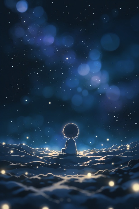  A dreamy starry background, with a little girl sitting on the moon surrounded by shining stars and meteors. The scene is mainly soft blue purple tones, using watercolor painting style to create a peaceful and mysterious night sky atmosphere, with 8K ultra high definition.