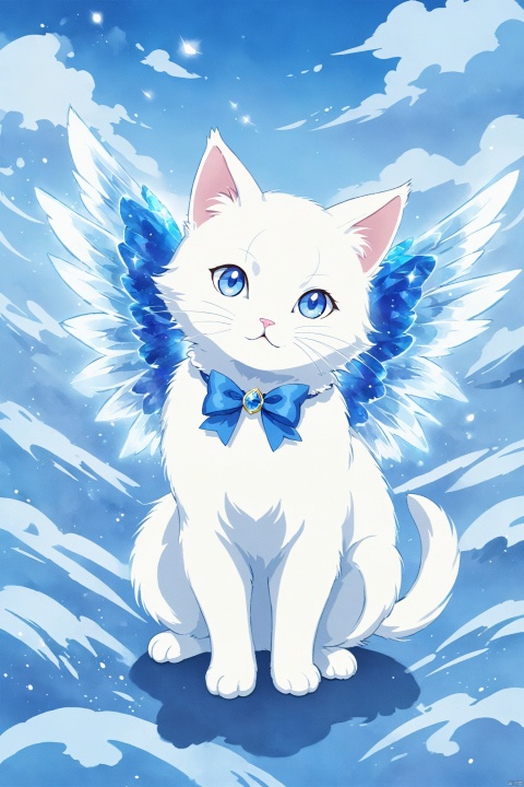 A white cat with blue eyes, wearing crystal wings and a bow tie around its neck. The background is sky blue, creating a style in the anime style. This artwork features a cute kitten in the center of the picture, presenting a detailed closeup composition with bright colors. It has an elegant posture, shiny fur, and a magical atmosphere. A beam or two shines on it from above, adding to its charm. in the style of anime.