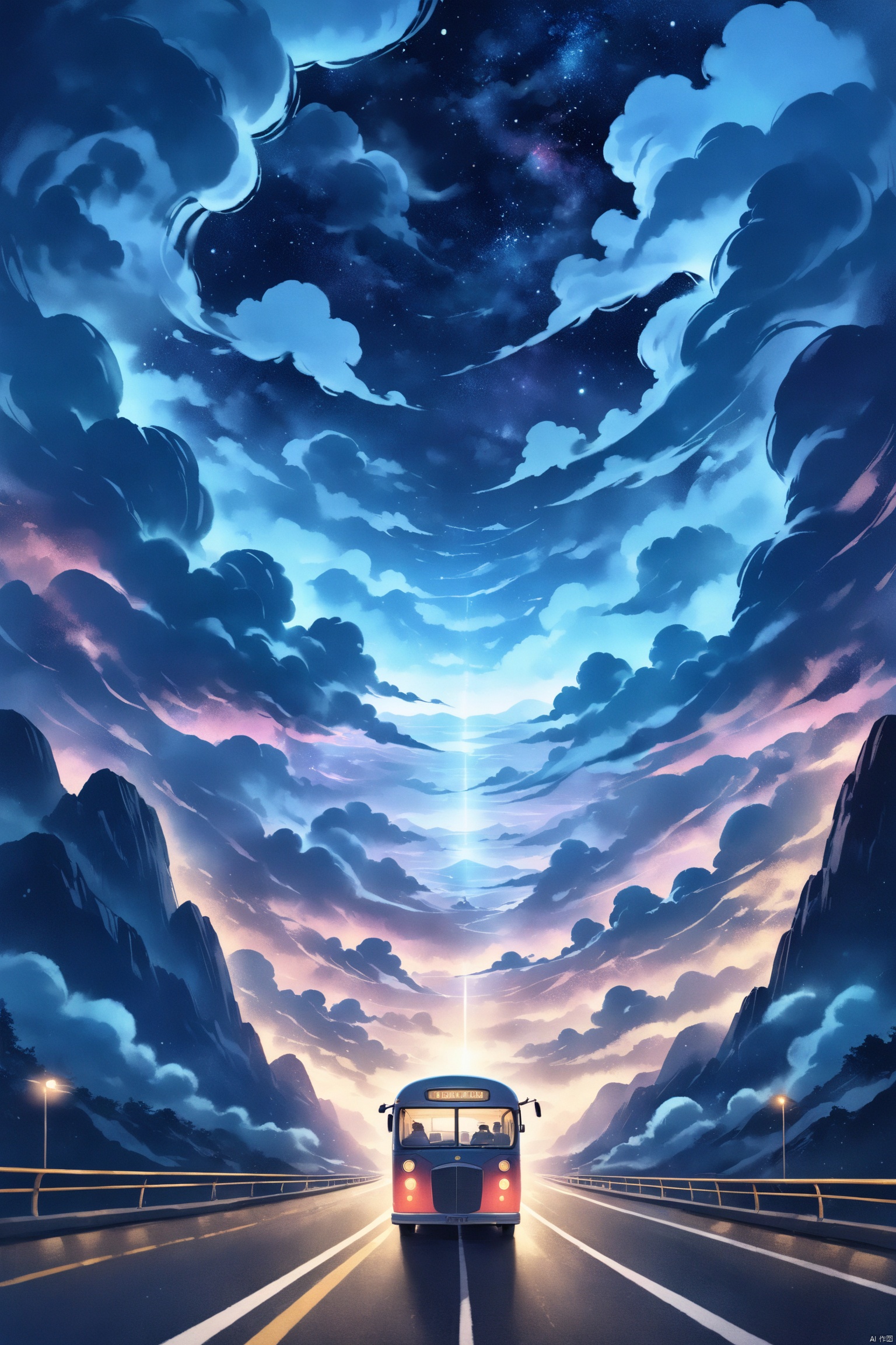 Surrealism Dream Style,glowing neon color,highly detailed,ultra-high resolutions,32K UHD,IMAX,best quality,masterpiece,at night,clouds,
vintage bus, driving on the highway, painting the gate with light, crossing time and space, clouds, smoke, mystery,