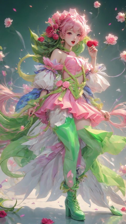 masterpiece,best quality, highly detailed, rosemon,digimon (creature), 1girl, solo, open mouth, vines, rose, boots, thorns, bare shoulders, green footwear, monster girl, :d, full body, leaf, detached sleeves, looking at viewer, green sleeves, teeth, pink dress, long fingernails, nail polish, pink skirt, clothing cutout, pink flower, fangs
, 1 girl, 80sDBA style, flowers, rosemon