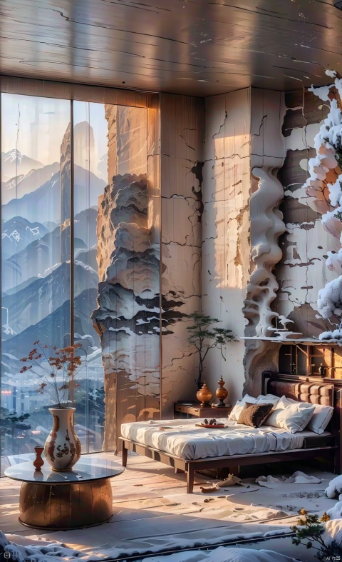  Dream homes, modernist style, bed, pillows, flowers, vase, table, sofa, books, flower pots, ornate ceiling lamp, table lamp, chair, curtains,panoramic glass window with snow-covered mountains outside, morning sunlight pouring through the window onto the floor, shadows, Lao Chen, Rock buildings