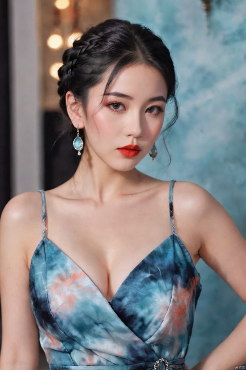 black hair,  Tie dyeing dress, girl, 1girl, solo, cleavage, looking at viewer,Low cut evening gown,black hair, jewelry, closed mouth, earrings,lips, makeup, lipstick, portrait, French braid,realistic,exposure blend, medium shot, bokeh, (hdr:1.4), high contrast, (cinematic, teal and orange:0.85), (muted colors, dim colors, soothing tones:1.3), low saturation