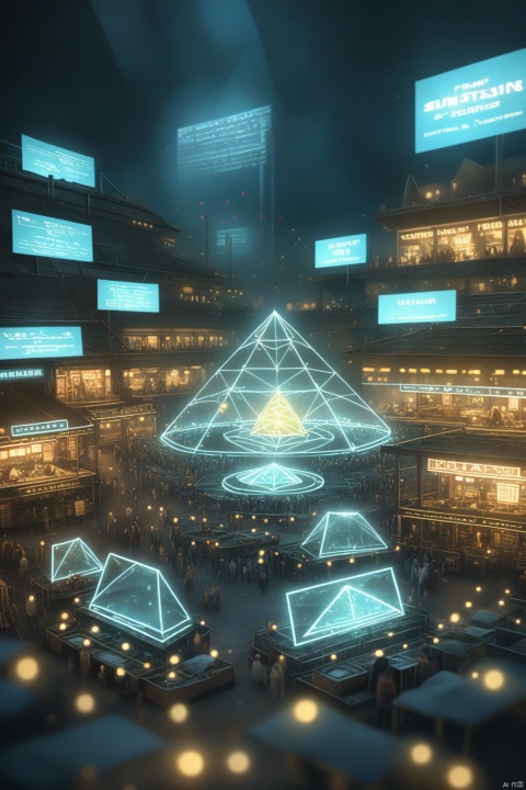 Reimagine an ancient civilization with a twist of futuristic technology. Think of pyramids powered by neon lights, sphinxes with holographic projections, and bustling marketplaces where ancient customs meet modern innovation. hyper-realistic, hyper-detailed, 32k