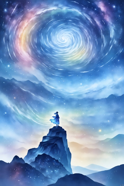  Tie dyeing style, Tie dyeing,Shinkai Makoto style, a whimsical digital illustration of a solitary figure standing on a cliff overlooking the vast starry sky. The figure has a wistful expression, his hair blown by the wind and his robe flowing. The sky is filled with rotating galaxies and constellations, creating a fantastic atmosphere. Bright colors, ethereal lights