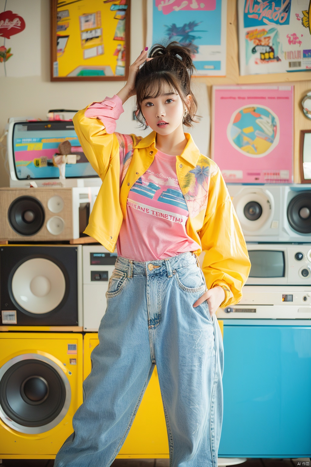  ((Masterpiece)), ((Best Quality)),80sDBA style, 1girl, solo, looking at viewer, short hair, brown hair, shirt, long sleeves, brown eyes, jewelry, standing, jacket, parted lips, open clothes, striped, pants, bracelet, torn clothes, feet out of frame, denim, instrument, eyewear on head, pink shirt, yellow shirt, jeans, blue pants, pink jacket, print shirt, torn pants, speaker, torn jeans
