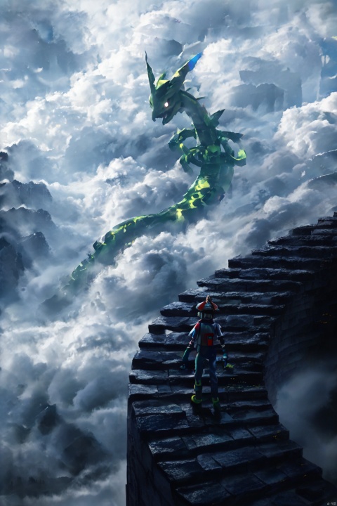 score_9, score_8_up, score_7_up, score_6_up,good background,anime,Endless Steps, Climbing stairs, CG, stairs, a head in the clouds, a large, scary, Pokemon Rayquaza creature in the distance