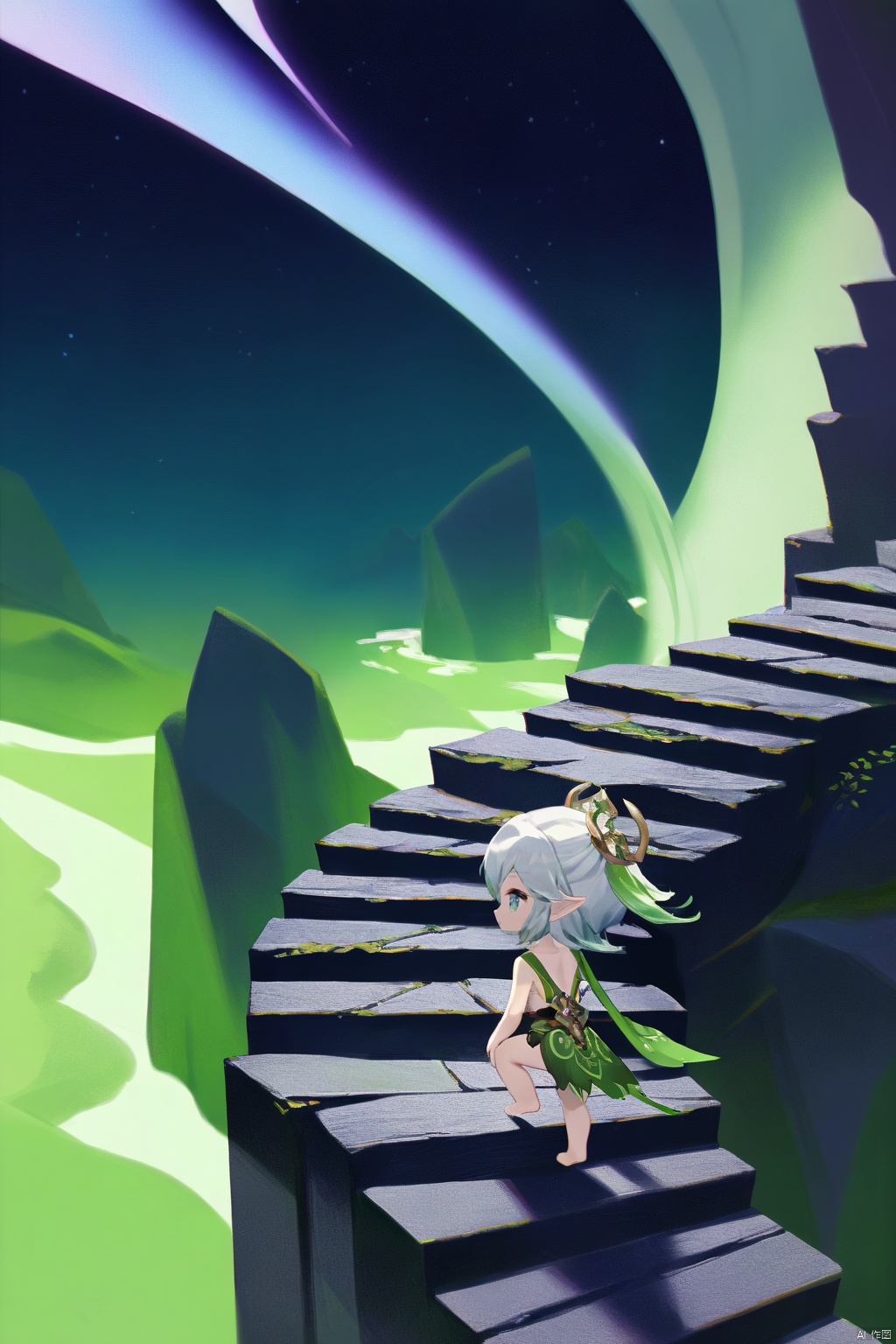 chibi,good background,anime,
Endless Steps, Climbing stairs, CG, (masterpiece),(best quality),solo, 1girl,full body, elf girl,pointy_ears,small breast, :), white hair,green hair,green eyes,symbol-shaped pupils, bangs, breasts,cross-shaped pupils, hair ornament, gradient hair,bare foot, black cat near foot,nahida (genshin impact)