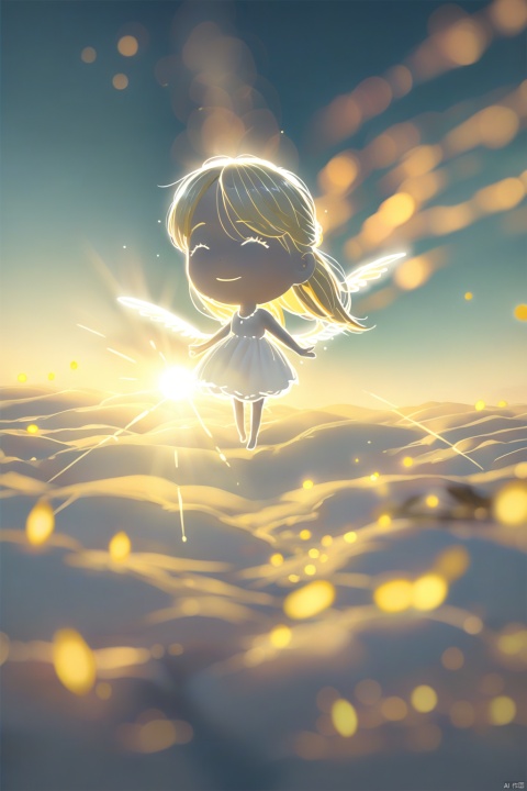 An angel with white wings spreading wide, her gaze filled with love and compassion. Her hair is golden, dressed in a white gauzy dress, appearing exceptionally holy under the sunlight. The surrounding environment is peaceful, with light clouds floating around. High-definition picture of an angel with open wings, divine aura, golden hair, white dress, serene cloudy background, majestic oil painting by celestial artists, trending on ArtStation, vibrant, sharp focus, photorealistic painting art by hi-res masters.