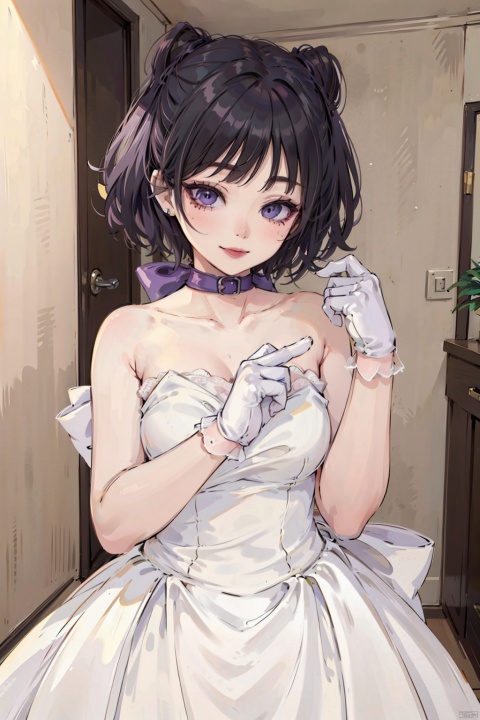  ((Masterpiece)), ((Best Quality)),Toodles Galore, purple collar, 1girl,dress, white gloves, smile