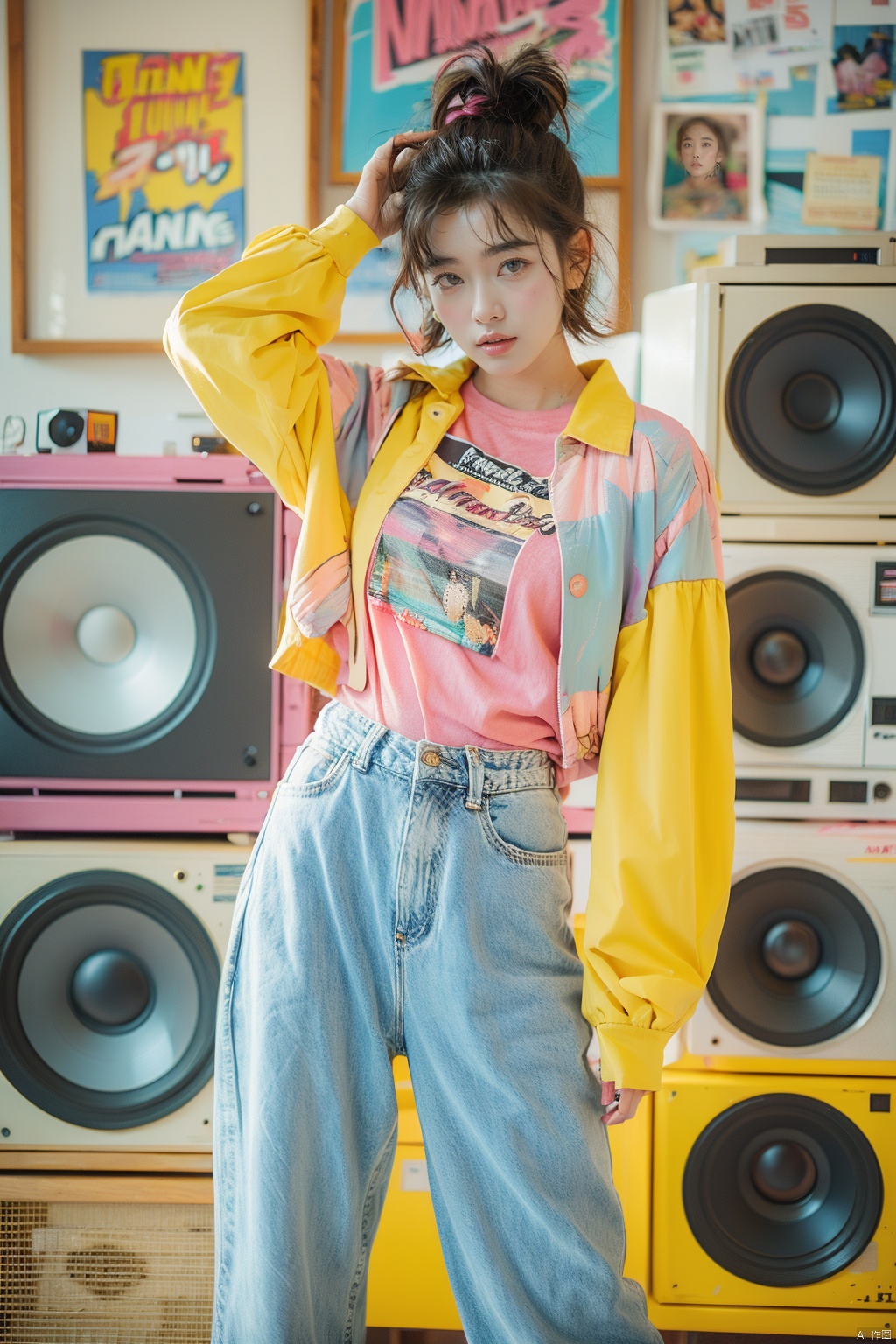  ((Masterpiece)), ((Best Quality)),80sDBA style, 1girl, solo, looking at viewer, short hair, brown hair, shirt, long sleeves, brown eyes, jewelry, standing, jacket, parted lips, open clothes, striped, pants, bracelet, torn clothes, feet out of frame, denim, instrument, eyewear on head, pink shirt, yellow shirt, jeans, blue pants, pink jacket, print shirt, torn pants, speaker, torn jeans