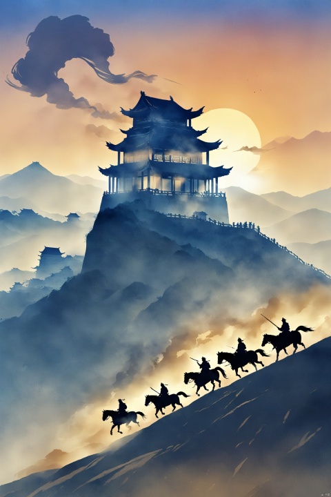 The generals of China are stationed in the hills, dust,as strong winds blow, carrying sand and dust, sunset,against the backdrop of ancient city walls and mounted horses,lonely,Minimalistic