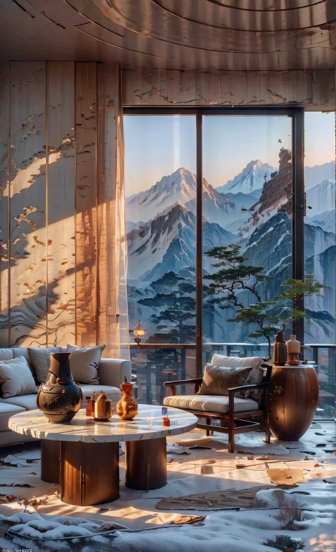  Dream homes, modernist style, bed, pillows, flowers, vase, table, sofa, books, flower pots, ornate ceiling lamp, table lamp, chair, curtains,panoramic glass window with snow-covered mountains outside, morning sunlight pouring through the window onto the floor, shadows, Lao Chen, Rock buildings