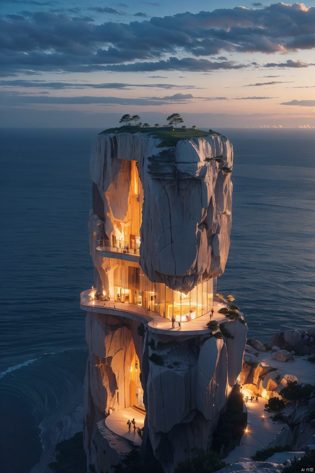 A hotel build on black stone cliff, dark light, soft light, dusk, black stone, pink glass, transparent material, sea wave, high angle view, majestic, neat and modern building, Irregular rock cliffs, style of Zaha