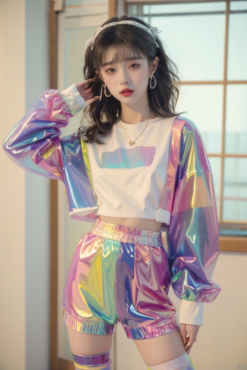  Best quality,masterpiece,transparent color PVC clothing,transparent color vinyl clothing,prismatic,holographic,chromatic aberration,fashion illustration,masterpiece,girl with harajuku fashion,looking at viewer,8k,ultra detailed,pixiv,
, 80sDBA style