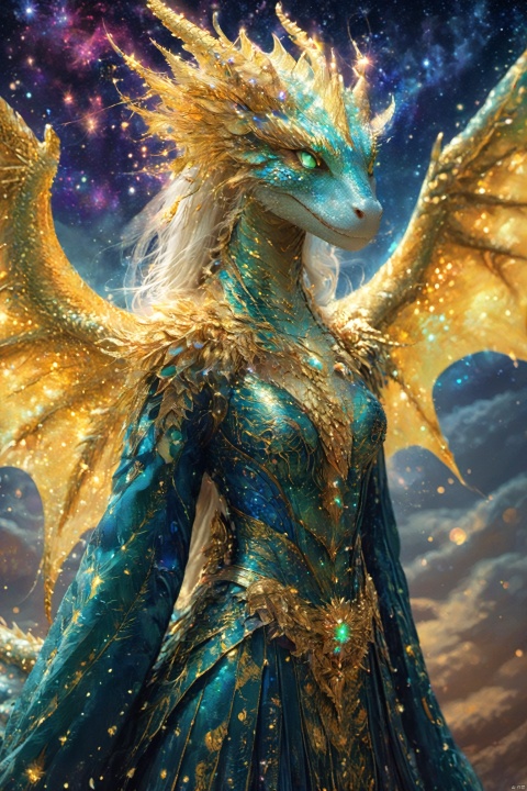 1girl, Dragon head decoration, wing, sitting on the throne, golden scales and a regal aura, His eyes are laser eyes that emit gamma rays, exuding a majestic aura. He exudes a regal demeanor, exuding a domineering aura, sturdy, (Van Gogh's starry night), dreams, art, illustrations,Create a dreamlike starry background,