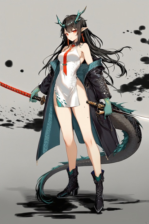  1girl, dusk \(arknights\), black hair, weapon, sword, horns, solo, red eyes, tail, holding weapon, holding sword, holding, dress, necktie, long hair, dragon tail, red necktie, boots, dragon horns, pointy ears, black footwear, looking at viewer, off shoulder, white dress, full body, dragon girl, black coat, multicolored hair, dragon, coat, open clothes, jewelry, green skin, earrings, colored skin, bare legs, sleeveless, bare shoulders, breasts, short dress, open coat, Ink scattering_Chinese style, guoflinke