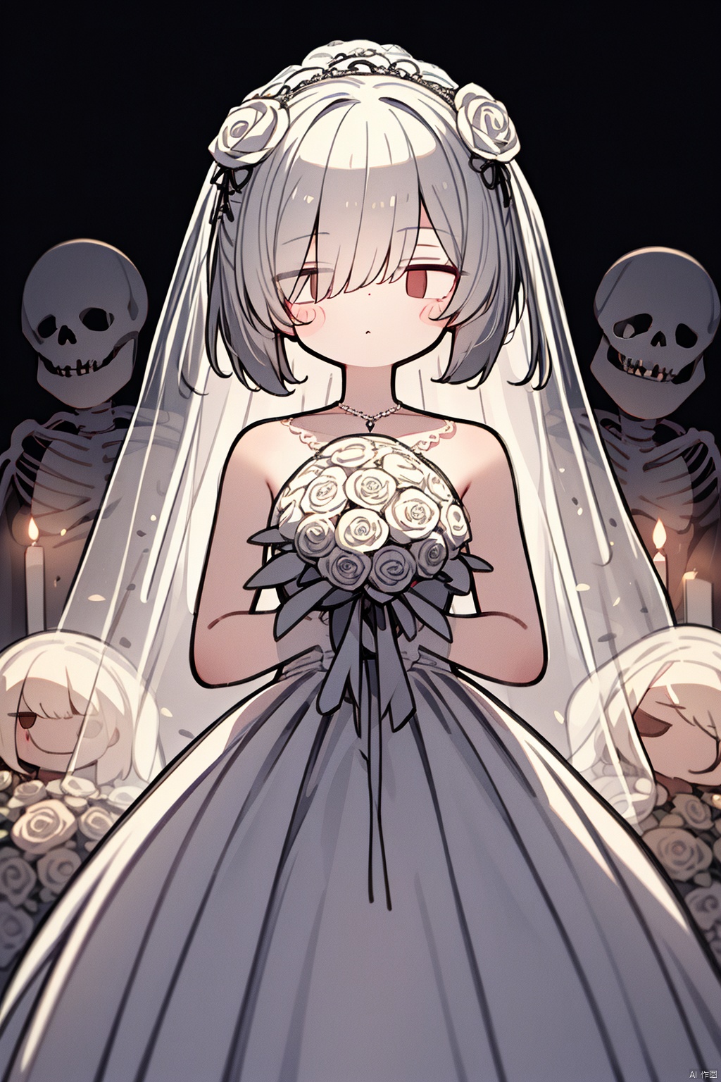  Skeleton Bride, Holding flowers in the hand, Wearing a wedding dress, Wait at the cemetery, So many details., hell, blackmagic, macron, solid eyes, xinniang, 80sDBA style