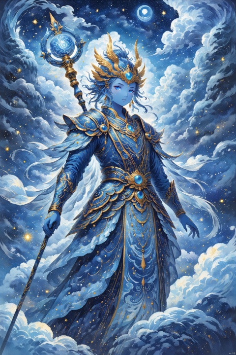 Highly detailed Powerfull blue god holding a staff in the 5th, detailed face, detailed body, dimension, very colorfull, highly detailed, the enviroment is a dreamy palace in the clouds with the night sky full of stars