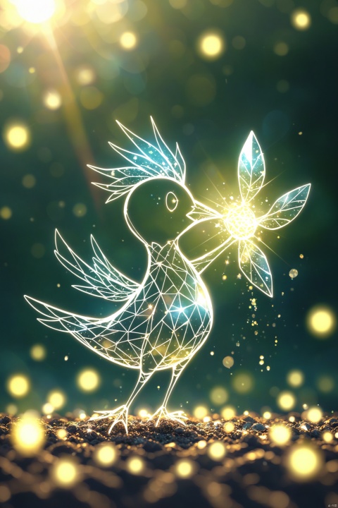3D bird made of diamonds, shiny and translucent, bright clear background, with a diamond texture, light reflection effects, high resolution, detailed texture, sparkling effect, bright colors, like sparkling crystals, light effects, with high detail