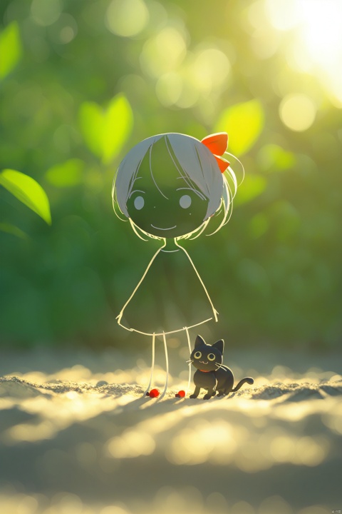  3D character, 1 girl wearing a red bow, 1 black cat, Hayao Miyazaki style, handmade, 3D art, soft lighting, bright colors, blurred background, 3D rendering