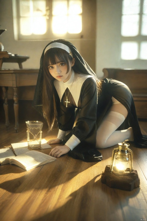  masterpiece,Realism,best quality,1girl, solo, book, nun, white thighhighs, thighhighs, cross, indoors, necklace, looking at viewer, long hair, habit, realistic, jewelry, long sleeves, black hair, lips, nose, all fours, dress, lantern, cross necklace, veil, blurry, table, breasts, closed mouth, pantyhose, brown hair, black eyes, brown eyes, black dress, blunt bangs, arm support, paper, white pantyhose, wooden floor, lamp, window, on floor, medium breasts, blurry background, see-through, thighband pantyhose