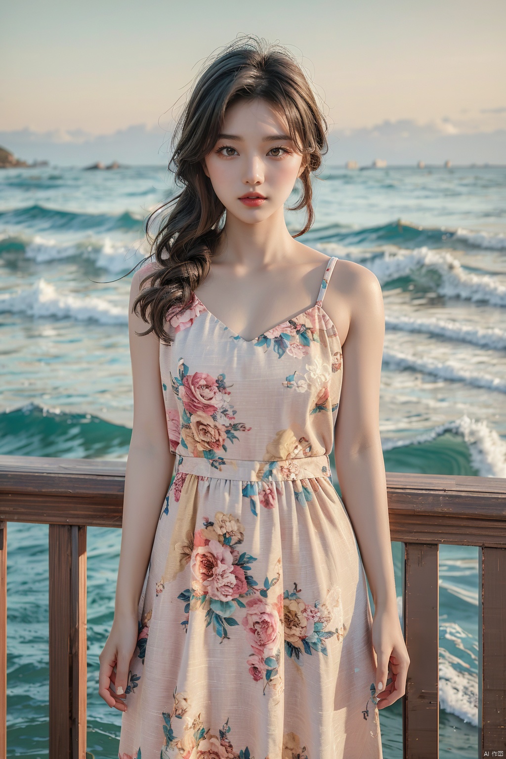  ((masterpiece)), ((best quality)), 8k, high detailed, ultra-detailed, (20-year-old girl), (dress), (strap dress), solo, (golden hour), (ocean waves), (serenity).cuihua, 1 girl, 80sDBA style