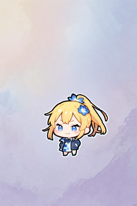 chibi,  stickers, minimalist style , Tie dyeing,tie dyeing style,loli,petite,long hair,Jacket,high ponytail,collared shirt,hair flower,fipped hair,floating hair,Frown,hands in pockets,dress,bowtie,(solo),smile, solo